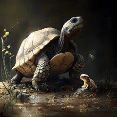 Turtle and amphibian in a marsh