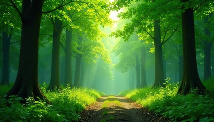 Fototapeta premium Serene forest background, lush green canopy, dappled sunlight, tranquil nature scene , sunlight, ecology, grove