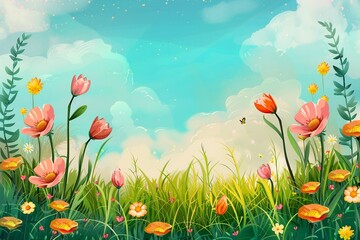vector drawn spring background with flowers