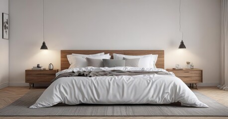 King size bed, crisp white linens, minimalist Scandinavian bedroom , Nordic, interior