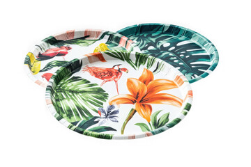 Naklejka premium Three decorative paper plates with tropical floral and flamingo designs for parties and events isolated on transparent background