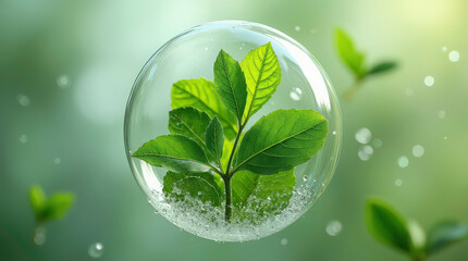 Herbal leaves encased in bubbles. Beauty science concept herbal medicine, organic skincare ingredients for holistic wellness, scientific innovation. Fresh plant extract in water bubble, nature