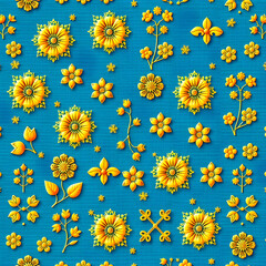 Traditional Chinese gold floral pattern on radiant azure blue fabric.