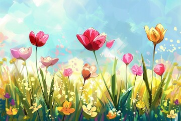 vector drawn spring background with flowers