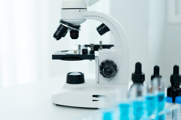 samples in advanced scientific laboratory. Medical professional use microscope look microbiological developmental of viral. Biotechnology research in science lab.