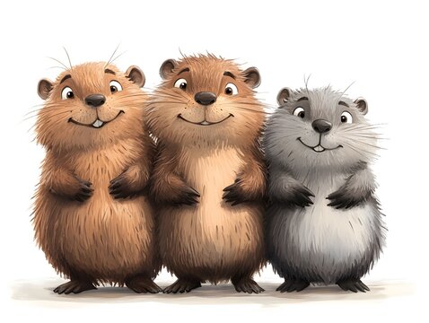 Three adorable cartoon gophers stand together smiling happily for a charming illustration perfect for children's books or greeting cards.