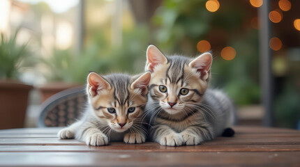 Two cute purebred tabby cats sit on cafe chair. Pretty domestic pets look at camera. Silver shorthair kittens lie on table outdoor. Affectionate animal, expressive emotion, happy expression