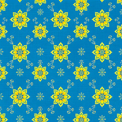Traditional Chinese gold floral pattern on radiant azure blue fabric.