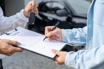 lease, rental car, sell, buy. Dealership send contract and car keys to new owner to sign. Sales, loan credit financial, rent vehicle, insurance, renting, Seller, dealer, installment, car care business