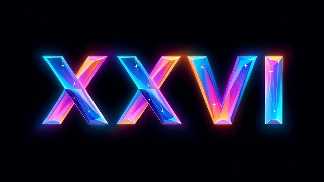 Glossy, futuristic Roman numerals 'XXVI' (26) with vibrant color gradients and glowing neon outlines against a dark background, ideal for anniversaries, milestones, events, and modern abstract designs