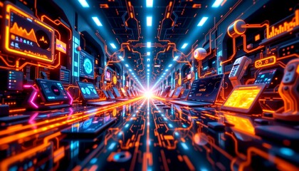 this is a vibrant digital art piece featuring an interior of a neon lit room with a futuristic theme