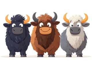 Three adorable cartoon yaks stand side by side displaying different coat colors and expressions on a white background.