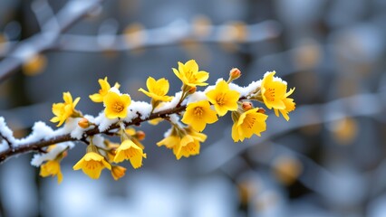 branch adorned vibrant yellow flowers delicately covered light layer of snow creating striking contrast between bright blossoms serene winter landscape background. flowers their five petals...