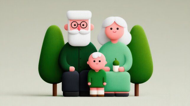 Cartoon illustration of a happy family sitting on a bench surrounded by trees in a cheerful setting. National Baby-Led Weaning Day - Powered by Adobe