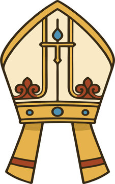 Flat Vector Pope Mitre Illustration &ndash; Religious Bishop Hat Icon with Gold, Red and Blue Decoration, Symmetrical Front View