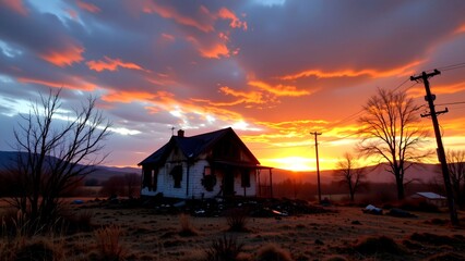 picturesque sunset rural landscape where vibrant hues of orange pink purple paint sky breathtaking display. foreground solitary weathered house stands as testament to time's passage its...