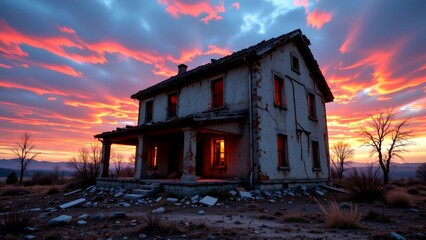 an old abandoned house situated desolate landscape. sky above painted vibrant hues of pink orange purple creating striking contrast against weathered peeling exterior of dilapidated...