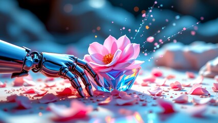 futuristic scene where humanoid robot's metallic hand delicately interacts vibrant pink flower. robot's polished reflective surface contrasts soft delicate petals scattered around creating...