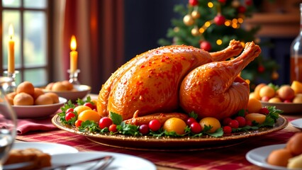 beautifully set dining table adorned roasted turkey surrounded array of fruits vegetables including cranberries oranges. table elegantly decorated red checkered tablecloth lit candles...