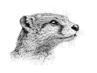 A detailed pencil sketch of a meerkat head and shoulders looking to the right against a white background.