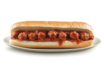 hot dog with The sandwich is filled with meatballs and tomato sauce, served on a plate