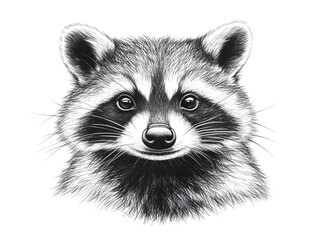 Obraz premium A detailed black and white illustration of a cute raccoon's face perfect for wildlife art prints and nature themed designs.