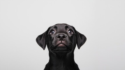 Fototapeta premium A curious black Labrador puppy looks up with wide eyes against a plain white background.