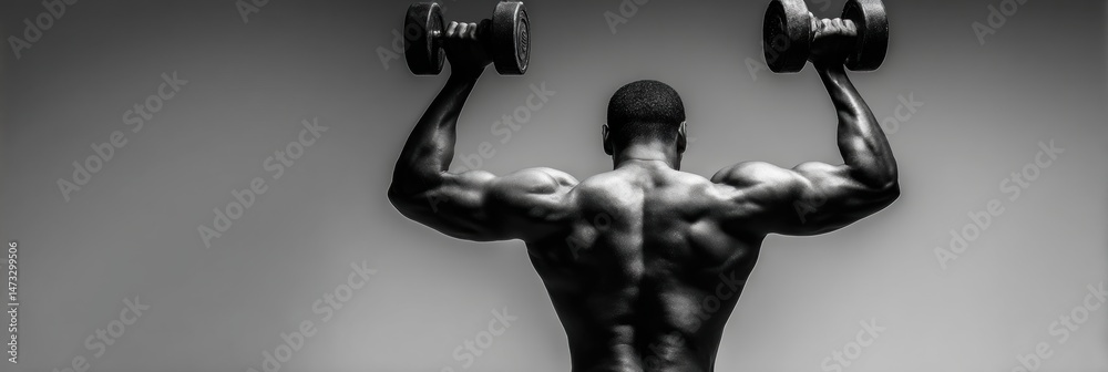 Leinwandbilder strong individual lifts dumbbells overhead in a focused workout session in a minimalistic gym space 