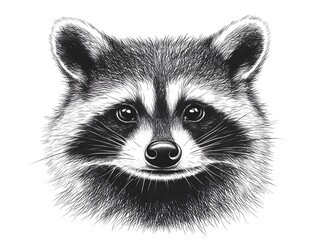 Obraz premium A detailed black and white illustration of a raccoon's face shows intricate fur texture and expressive eyes perfect for nature or wildlife themed