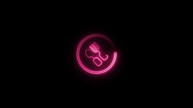 glowing neon cutlery icon animation black background. 4K Video motion graphic animation.