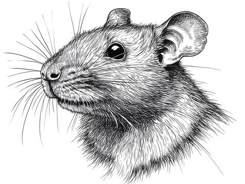 Detailed ink drawing of a rat's head and face in profile view showing whiskers and fur texture.