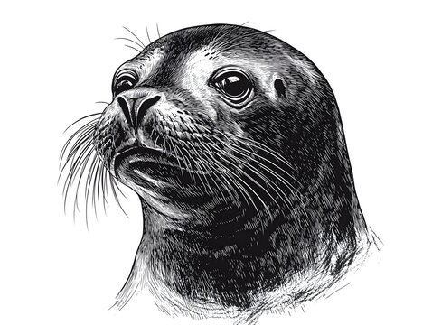 A detailed black and white ink drawing of a harbor seal's head and face, showcasing its expressive eyes and whiskers against a clean white background.