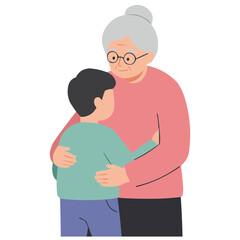 Obraz premium Elderly woman comforting child - gentle grandmother consoling crying child with maternal embrace, atmosphere of warmth, safety and unconditional love.