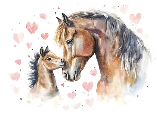 A heartwarming watercolor painting depicts a loving mare nuzzling her adorable newborn foal surrounded by delicate pink hearts.