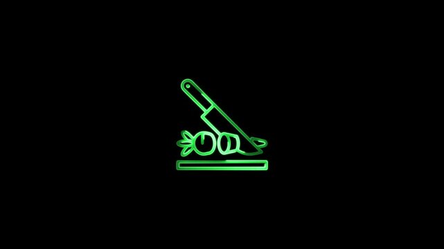 glowing neon food-preparation icon animation black background. 4K Video motion graphic animation.