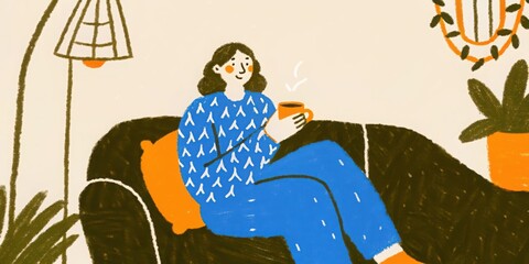 Woman relaxing at home on couch with coffee vector illustration art , hand drawing.