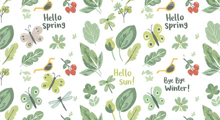 Springtime Floral Pattern Butterflies Leaves Flowers Hello Spring