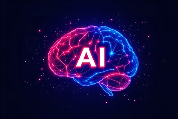 AI Brain Illustration: Digital Art of Artificial Intelligence Concept with Glowing Neural Network in Pink and Blue on Dark Background