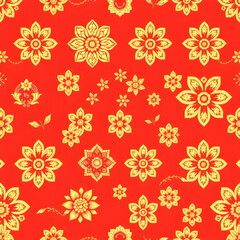 Traditional Chinese gold floral pattern on vibrant coral red fabric.