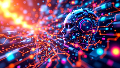 a close up view of a highly detailed and intricate cybernetic interface that resembles a human face, with glowing digital elements and circuitry patterns