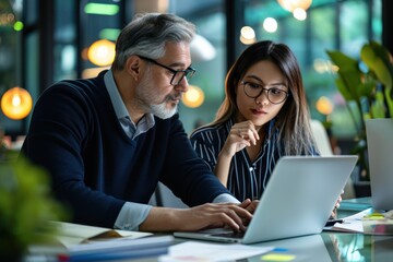 Two business professionals working together on a laptop in a modern office setting.