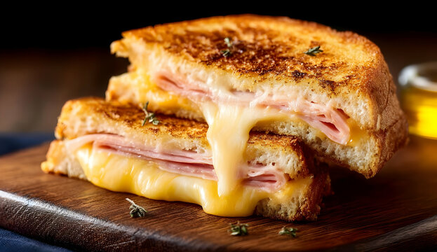 A delicious grilled cheese sandwich with melted cheese and ham, served on a wooden plate. Perfect for comfort food lovers and culinary enthusiasts.