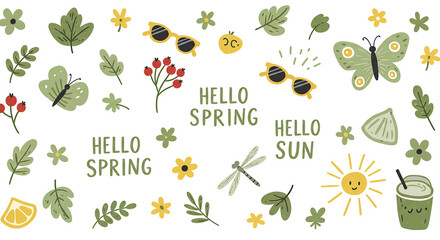 Hello Spring Cute Springtime Illustration with Flowers Butterflies and Sun