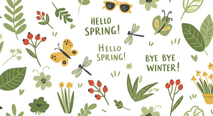 Hello Spring Floral Springtime Background Design with Butterflies Dragonflies and Leaves