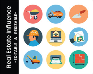 Real Estate And Construction Vector Icons Representing Property Development And Investment In Flat Design