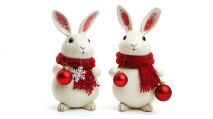 Two Adorable White Rabbits with Red Scarves Holding Christmas Ornaments Isolated on White Background. Festive and Heartwarming Scene.
