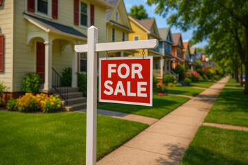 Exploring Real Estate Trends: Simple Composition Captures Residential Area with Lush Lawn and 'For Sale' Sign, Indicating Market Dynamics
