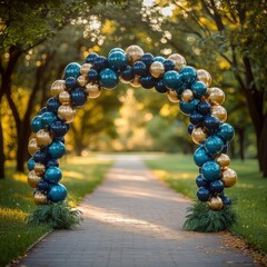 Elegant Teal Gold Navy Balloon Archway Garden Path Sunset