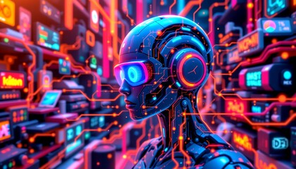 Fototapeta premium a person with a mechanical appearance, reminiscent of a humanoid robot or an advanced cybernetic entity