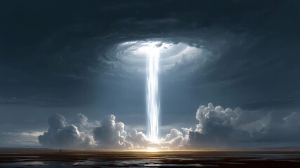 Dramatic sky glowing light beam storm clouds surreal landscape mysterious atmosphere fantasy scene powerful energy wide horizon emotional awe inspiring, with dramatic beam of light descending from - Powered by Adobe